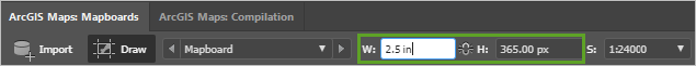 Width and height settings on the Mapboards window toolbar